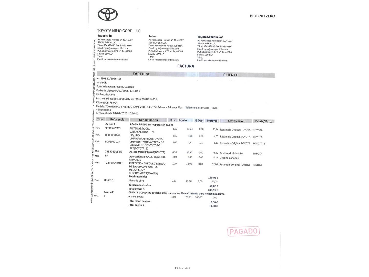 Foto del mantenimiento del Toyota Rav4 Toyota Rav4 2.5l hybrid Advance (218 CV)