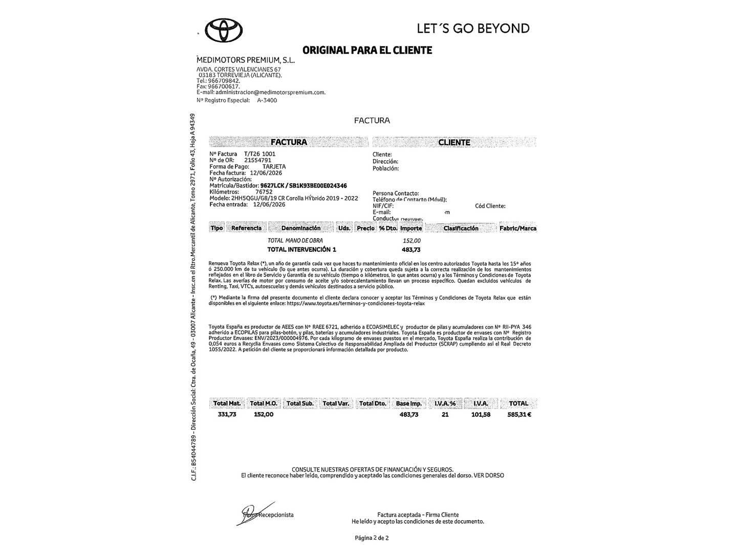 Foto del mantenimiento del Toyota Corolla Toyota Corolla 1.8 125 Híbrido Feel! E-CVT (122 CV)