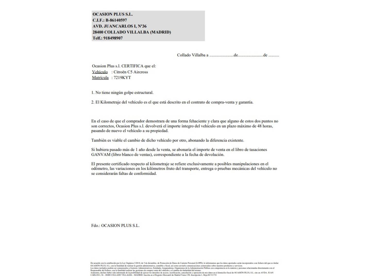 Foto del certificado del Citroën C5 Aircross Citroën C5 Aircross BlueHdi 180 S&S Shine EAT8 (177 CV)