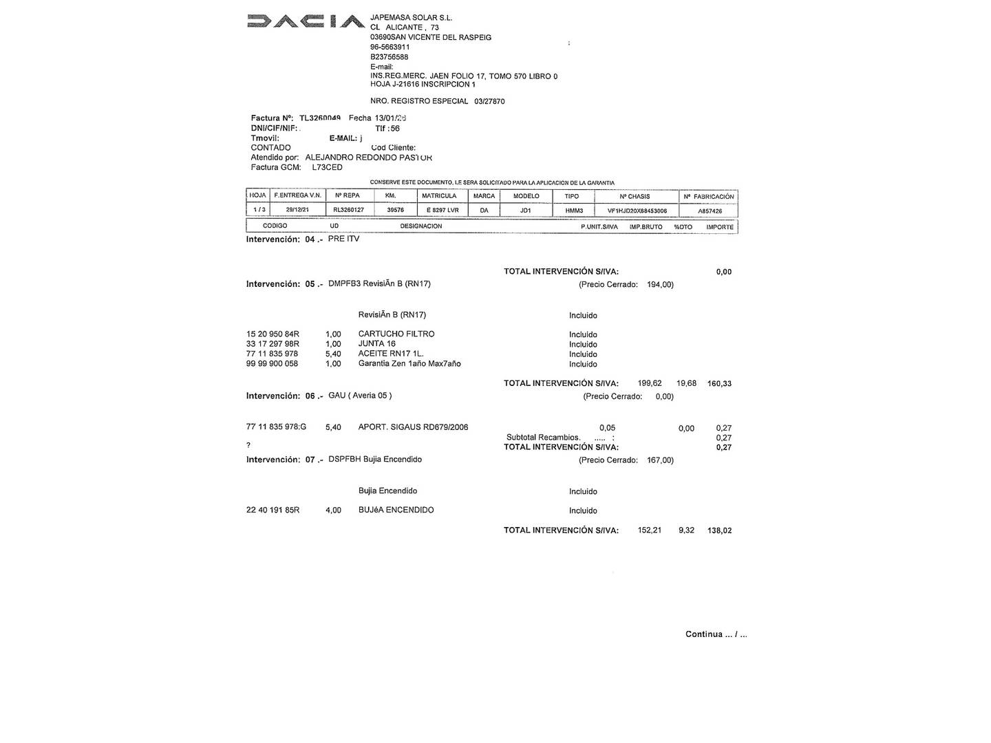 Foto del mantenimiento del Dacia Duster Dacia Duster Prestige TCE (150 CV) EDC