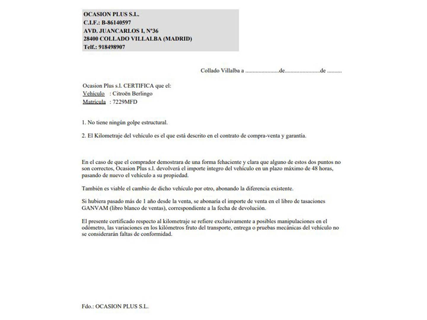 Foto del certificado del Citroën Berlingo Citroën Berlingo BlueHDi 100 S&S Talla M Live Pack Business (102 CV)