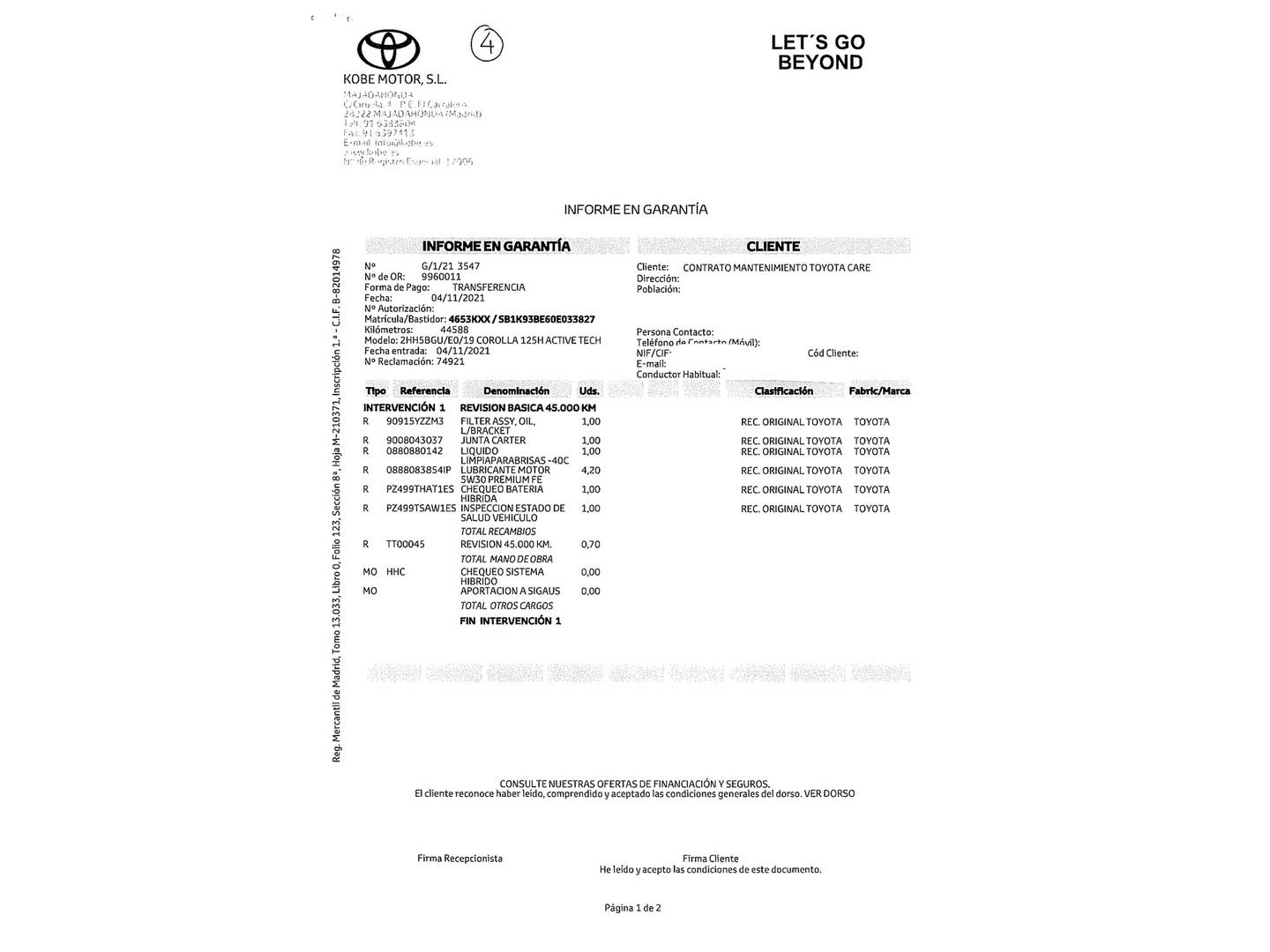 Foto del mantenimiento del Toyota Corolla Toyota Corolla 1.8 125 Híbrido Active Tech E-CVT (122 CV)