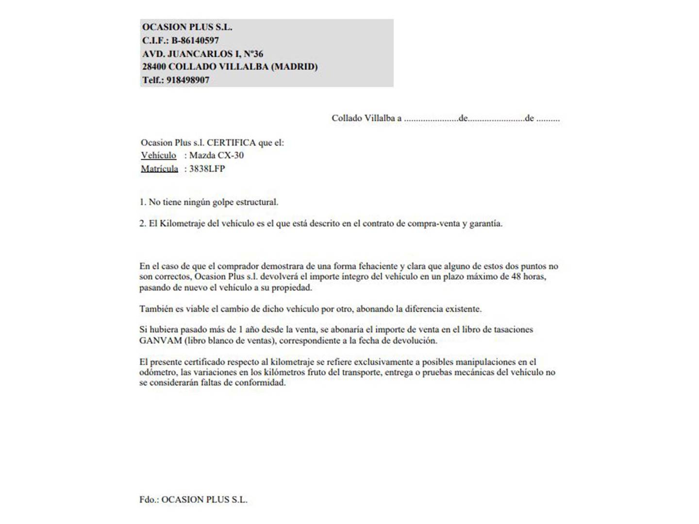 Foto del certificado del Mazda CX-30 Mazda CX-30 2.0 Skyactiv-G Zenith 2WD (122 CV)