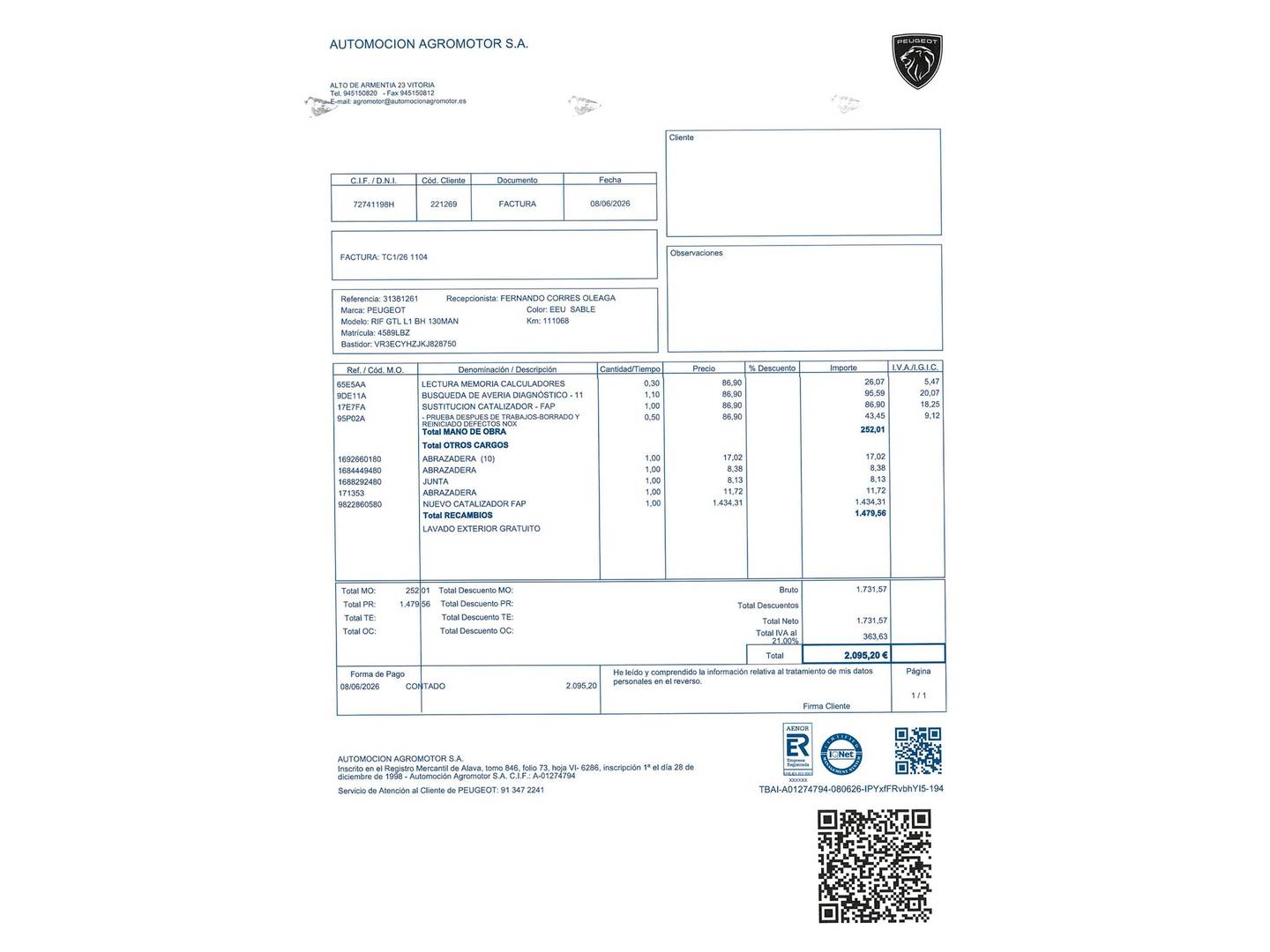 Foto del mantenimiento del Peugeot Rifter Peugeot Rifter BlueHDi 130 GT Line Standard (130 CV)