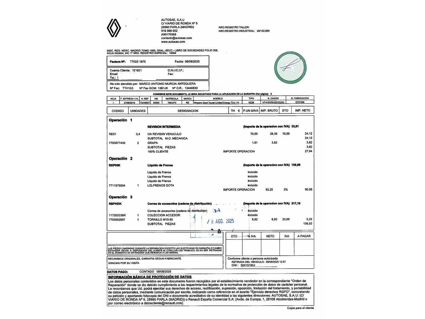 Foto del mantenimiento del Renault Mégane Renault Megane Limited Energy S&S TCe (115 CV)