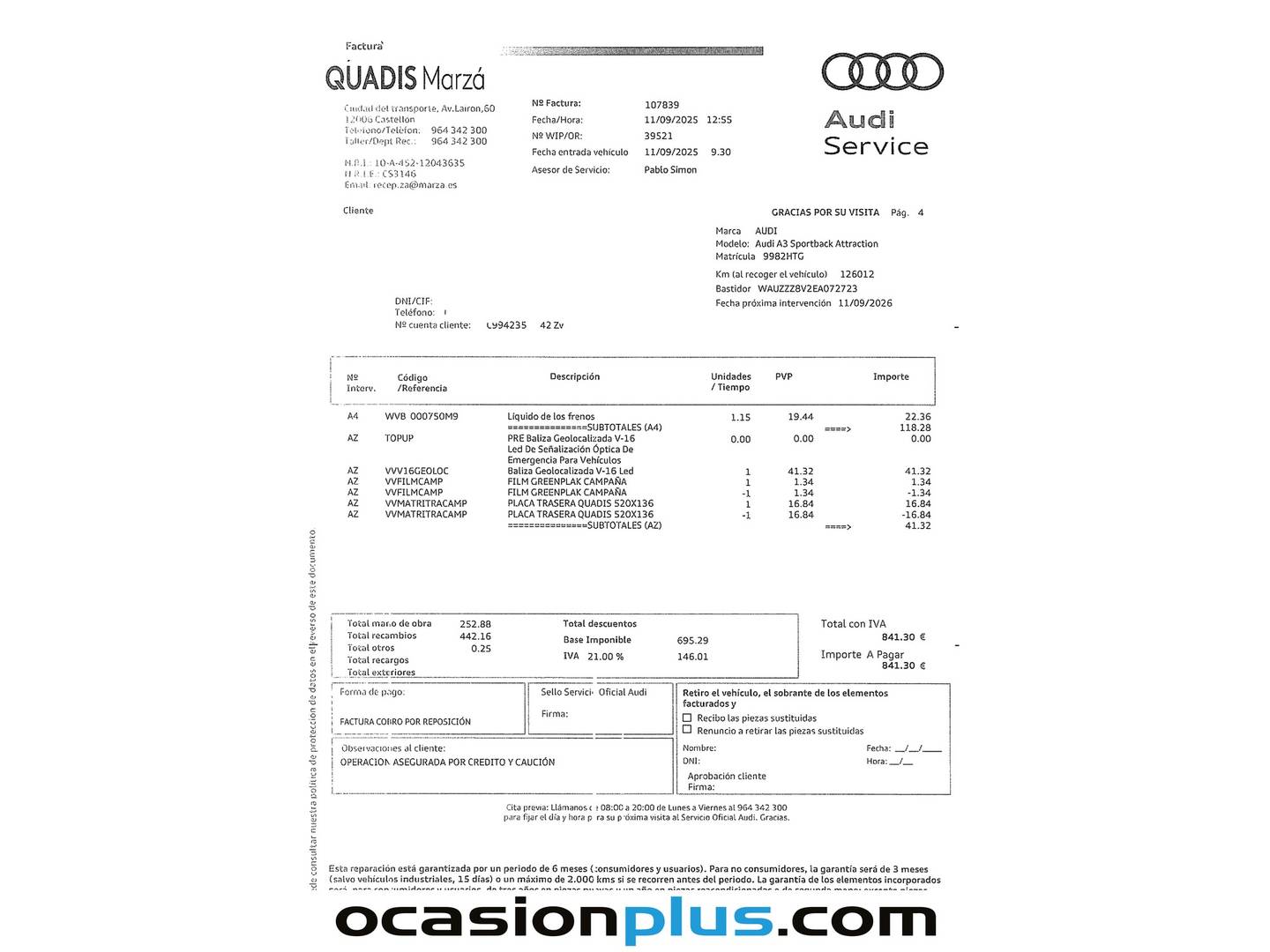 Foto del mantenimiento del Audi A3 Audi A3 Sportback Attraction Edición especial 1.6 TDI (105 CV)