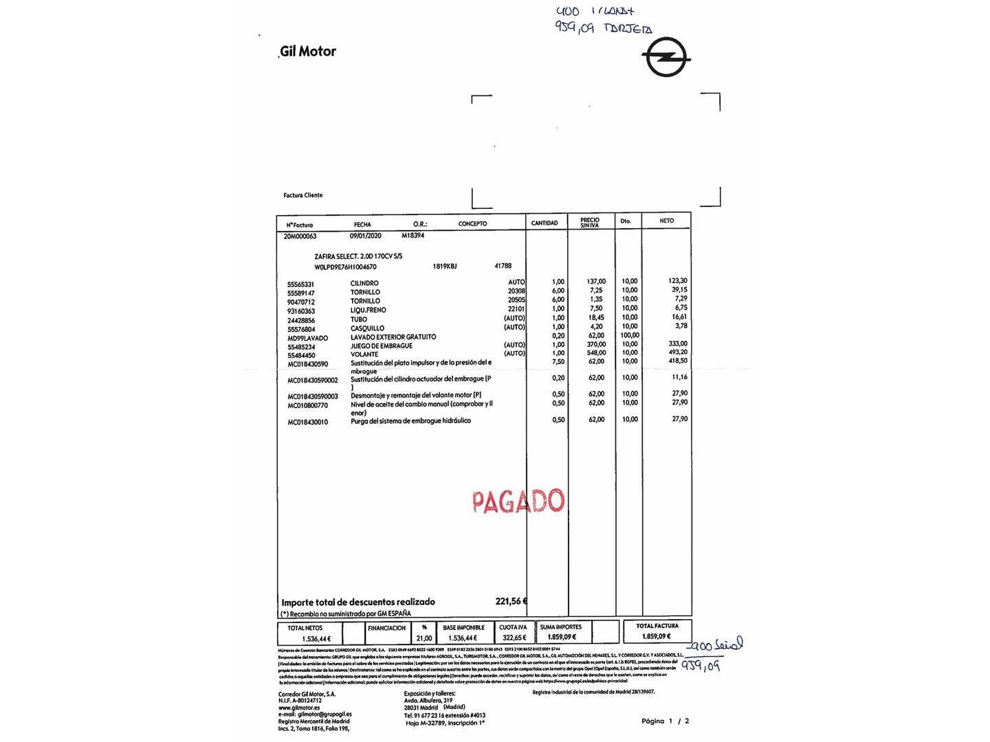 Foto del mantenimiento del Opel Zafira Tourer Opel Zafira Tourer 2.0 CDTi S/S Excellence (170 CV) 7 Plazas