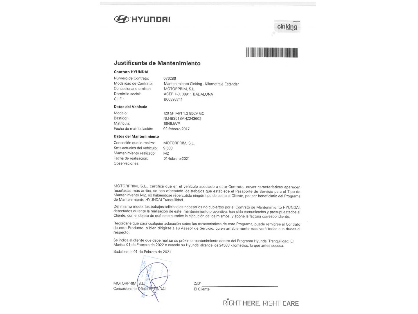 Foto del mantenimiento del Hyundai i20 Hyundai i20 1.2 MPI Klass Go! Nav (85 CV)