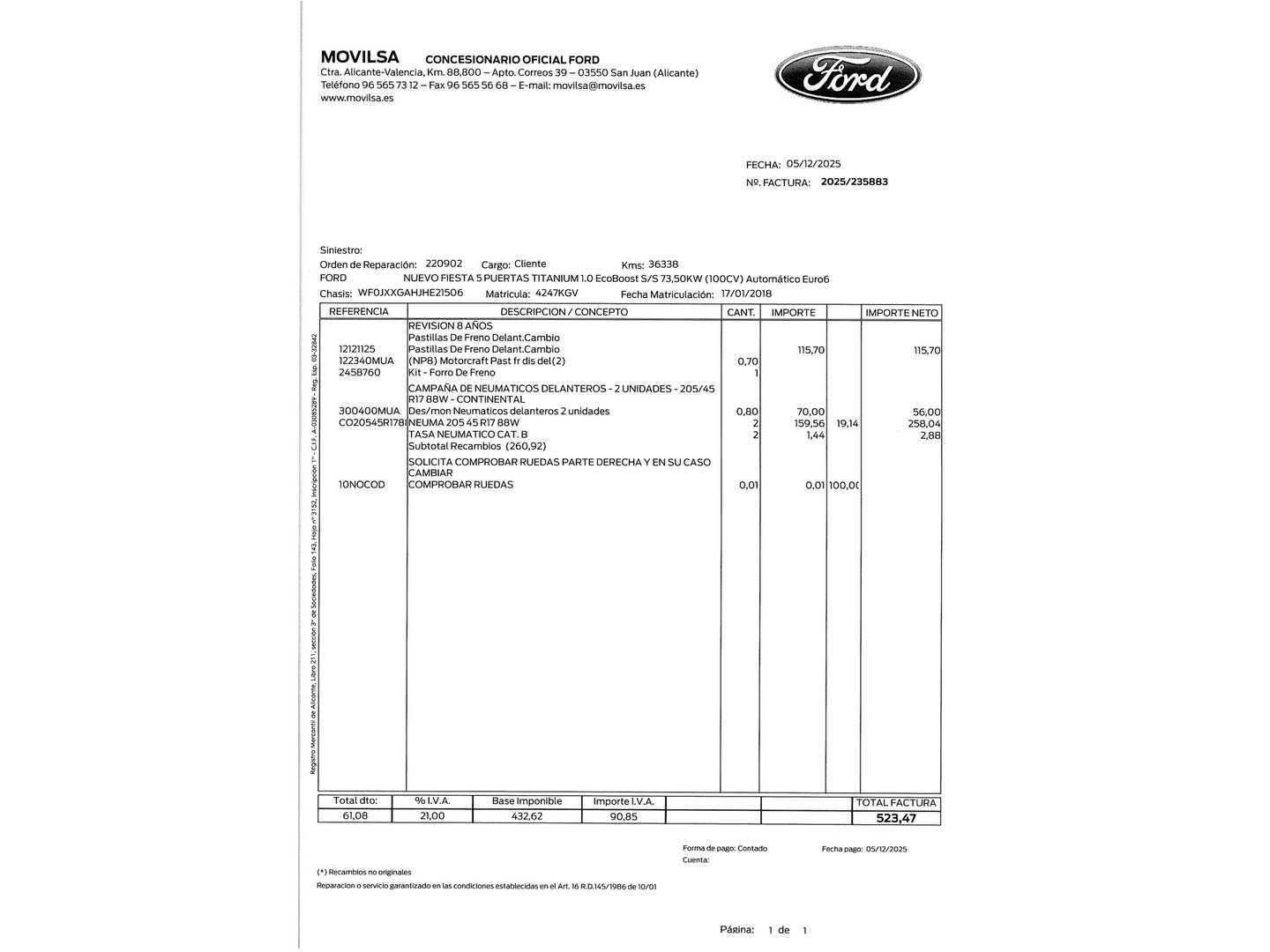 Foto del mantenimiento del Ford Fiesta Ford Fiesta 1.0 EcoBoost S&S Titanium Auto (100 CV)