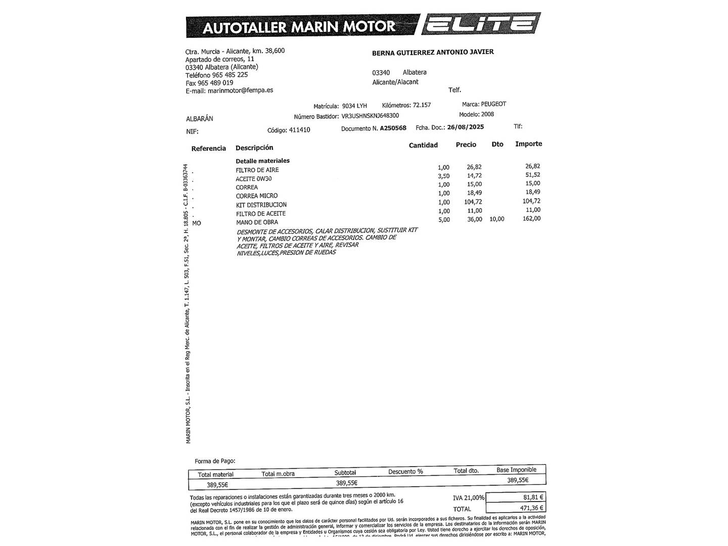 Foto del mantenimiento del Peugeot 2008 Peugeot 2008 PureTech 130 S&S Allure Pack (130 CV)