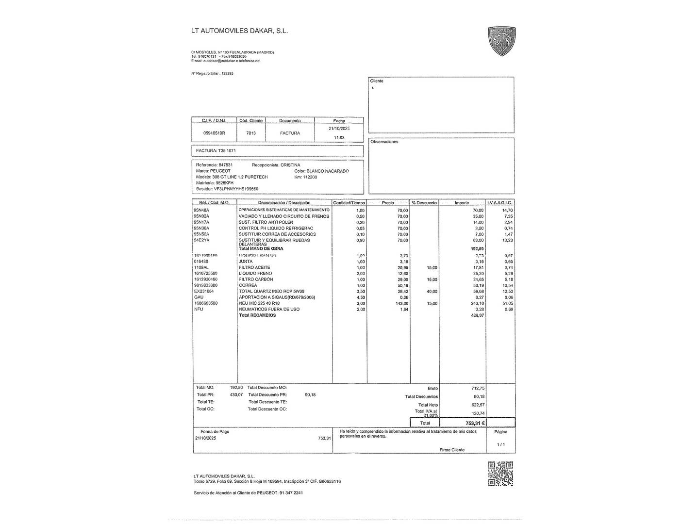 Foto del mantenimiento del Peugeot 308 Peugeot 308 1.2 PureTech GT Line S&S (130 CV)