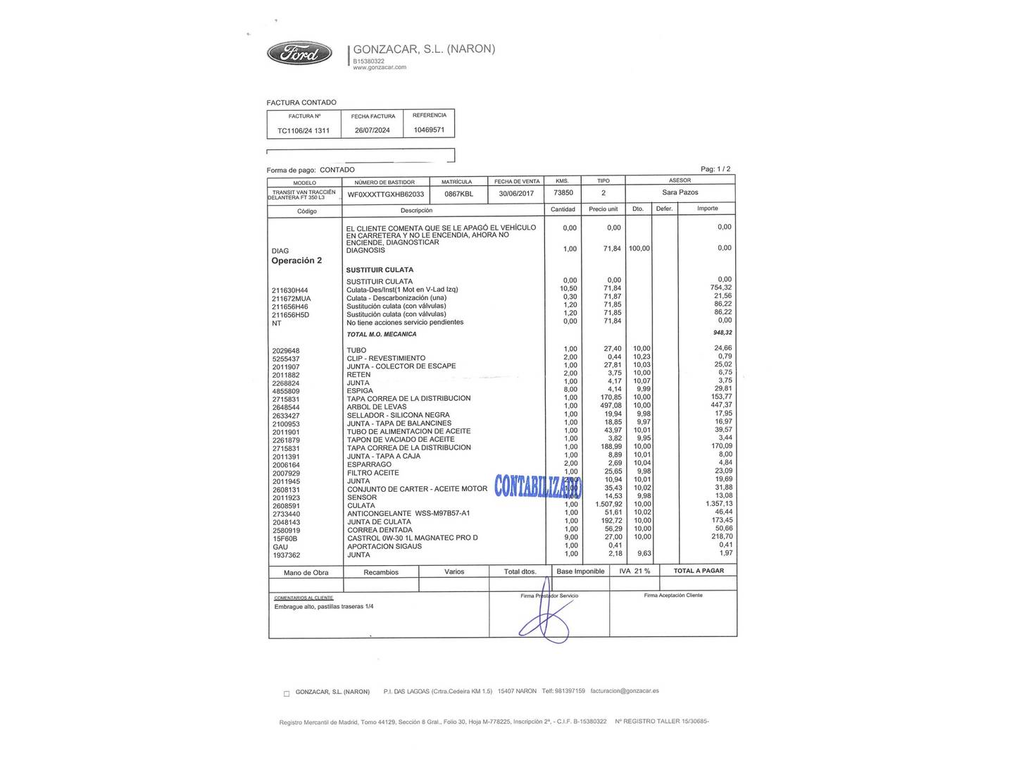 Foto del mantenimiento del Ford Transit Ford Transit Furgon 350 L3H2 Trend Delantera (130 CV)