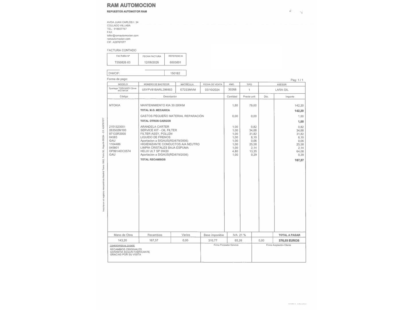 Foto del mantenimiento del KIA Sportage KIA Sportage 1.6 T-GDi MHEV Drive 4x2 (150 CV)