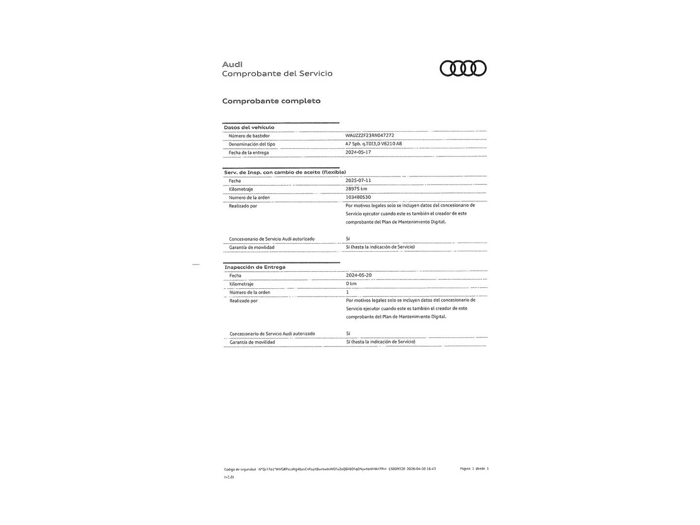 Foto del mantenimiento del Audi A7 Audi A7 Sportback S Line 50 TDI Quattro (286 CV) Tiptronic