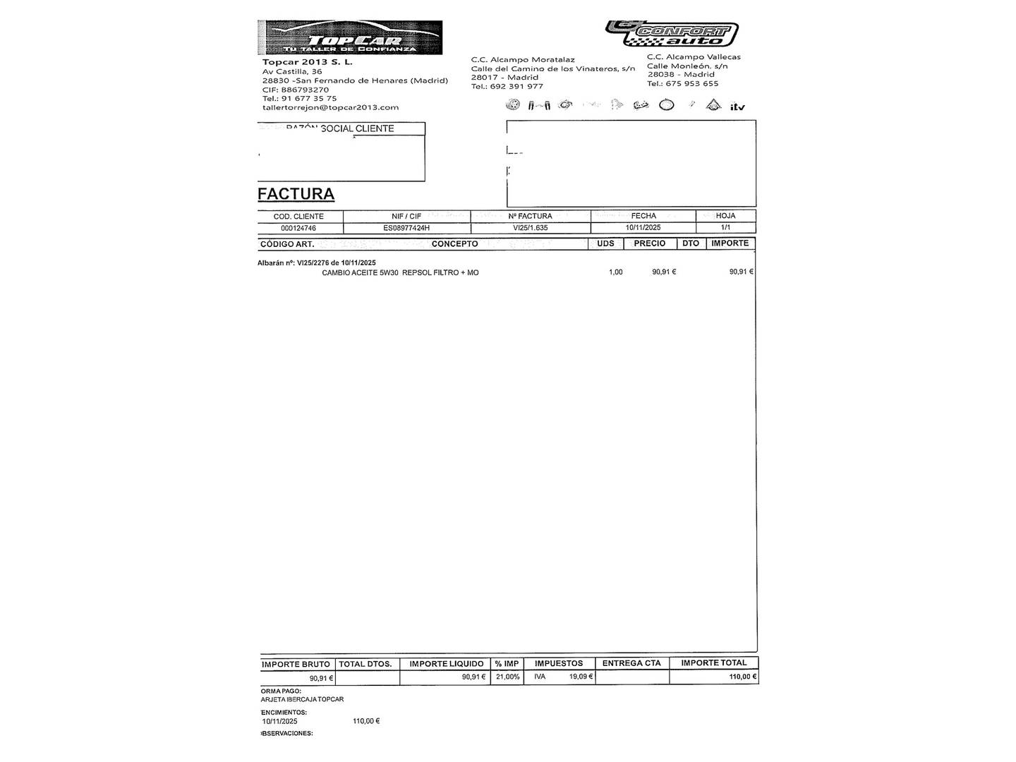 Foto del mantenimiento del Opel Corsa Opel Corsa 1.4 GLP Selective (90 CV)