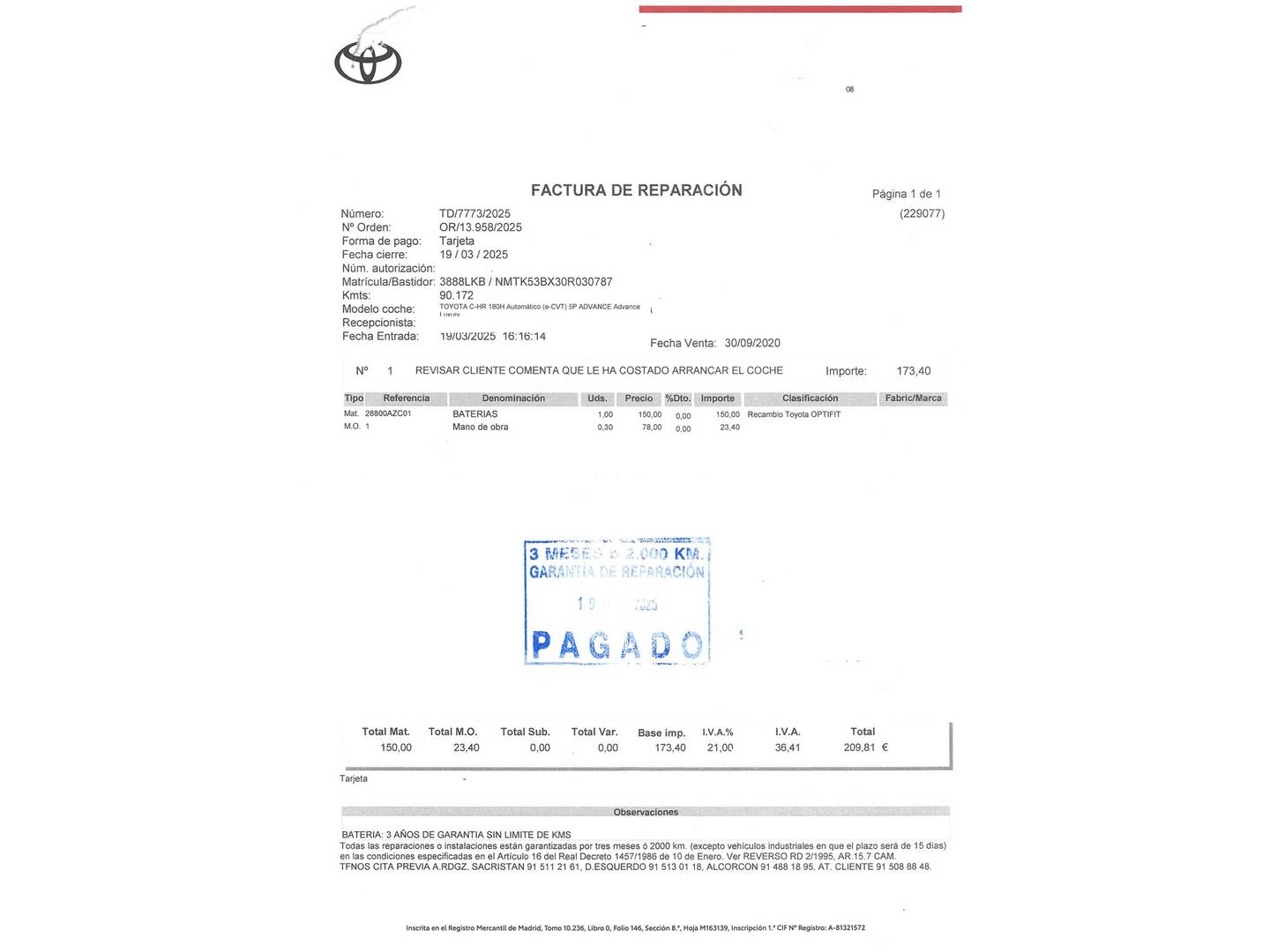 Foto del mantenimiento del Toyota C-HR Toyota C-HR 180H Advance Luxury (184 CV)