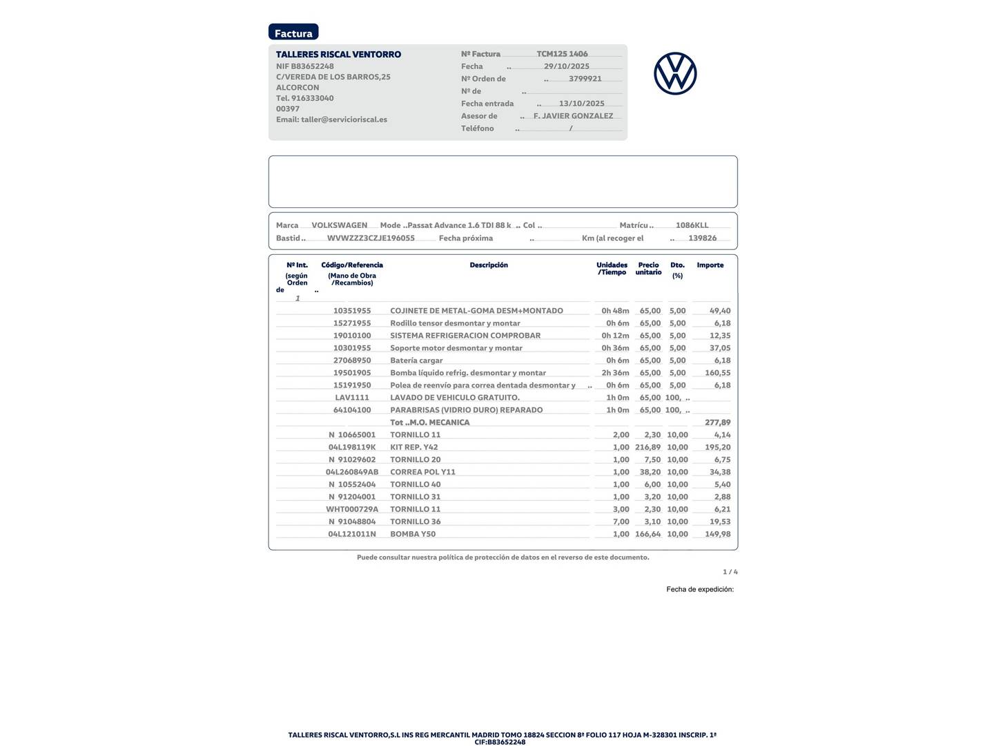 Foto del mantenimiento del Volkswagen Passat Volkswagen Passat Advance 1.6 TDI (120 CV)
