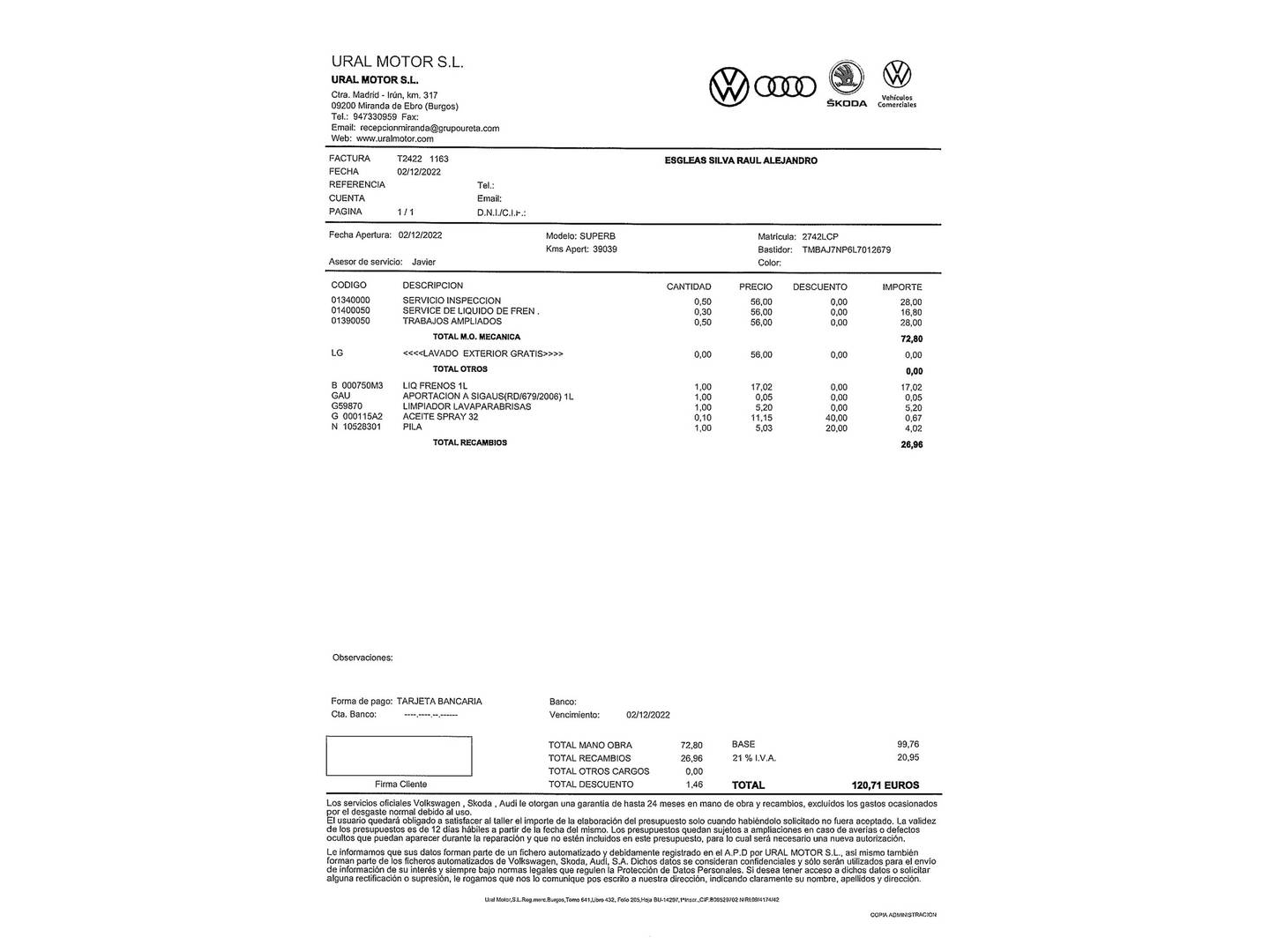Foto del mantenimiento del Skoda Superb Skoda Superb 2.0 TDI Sportline DSG (190 CV)