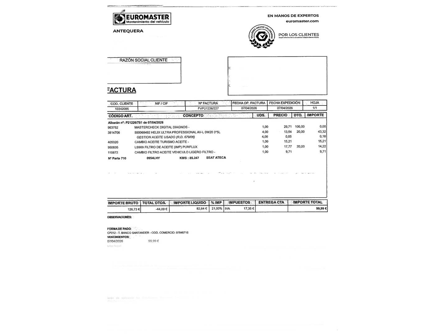 Foto del mantenimiento del Seat Ateca Seat Ateca 1.0 TSI S&S Ecomotive Style (115 CV)