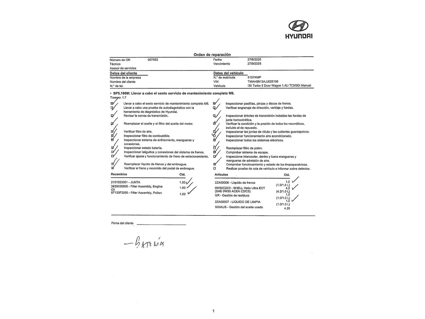 Foto del mantenimiento del Hyundai i30 Hyundai i30 CW 1.4 TGDI Tecno (140 CV)