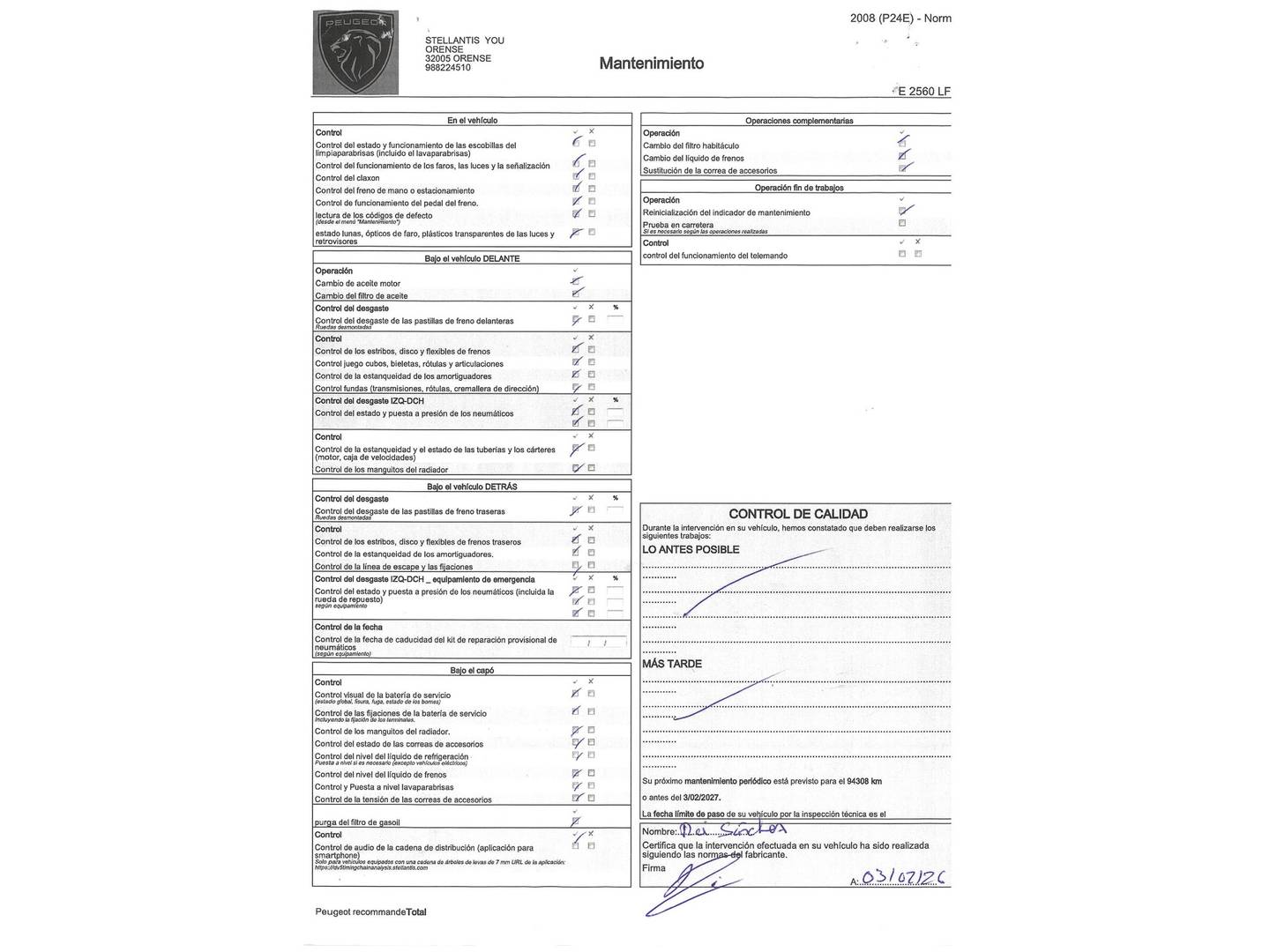 Foto del mantenimiento del Peugeot 2008 Peugeot 2008 BlueHDi 130 S&S GT Line EAT8 (130 CV)