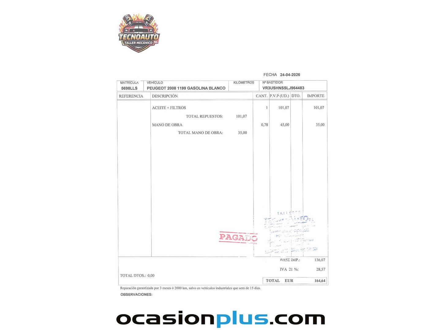 Foto del mantenimiento del Peugeot 2008 Peugeot 2008 PureTech 130 S&S Allure EAT8 (130 CV)