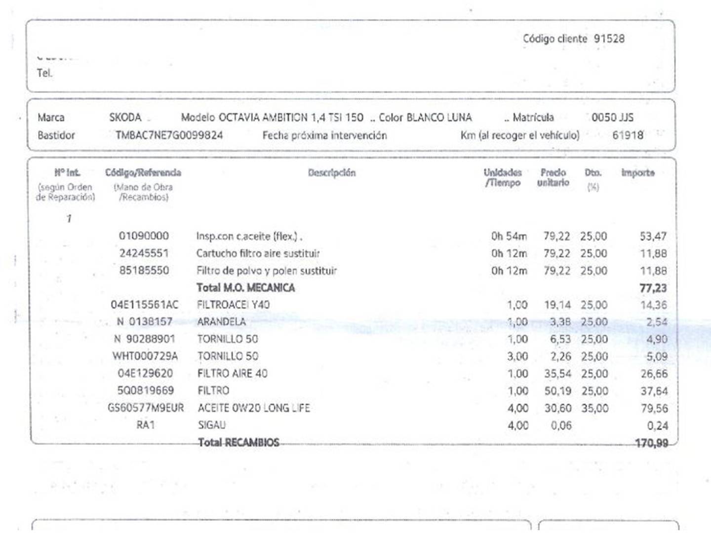 Foto del mantenimiento del Skoda Octavia Skoda Octavia 1.4 TSI Ambition (150 CV)