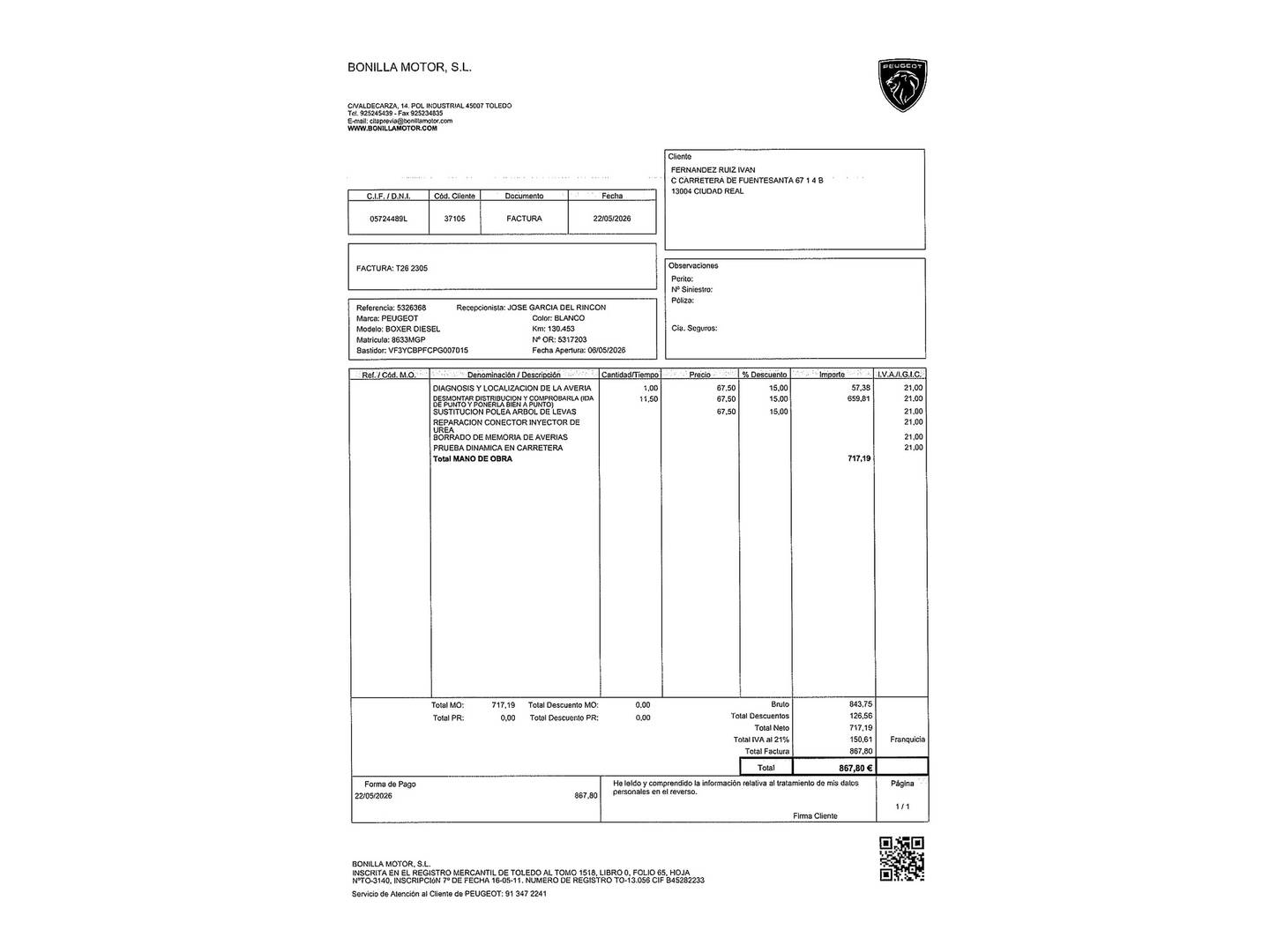 Foto del mantenimiento del Peugeot Boxer Peugeot Boxer Furgon BlueHDi 140 S&S 335 L3H2 (140 CV)