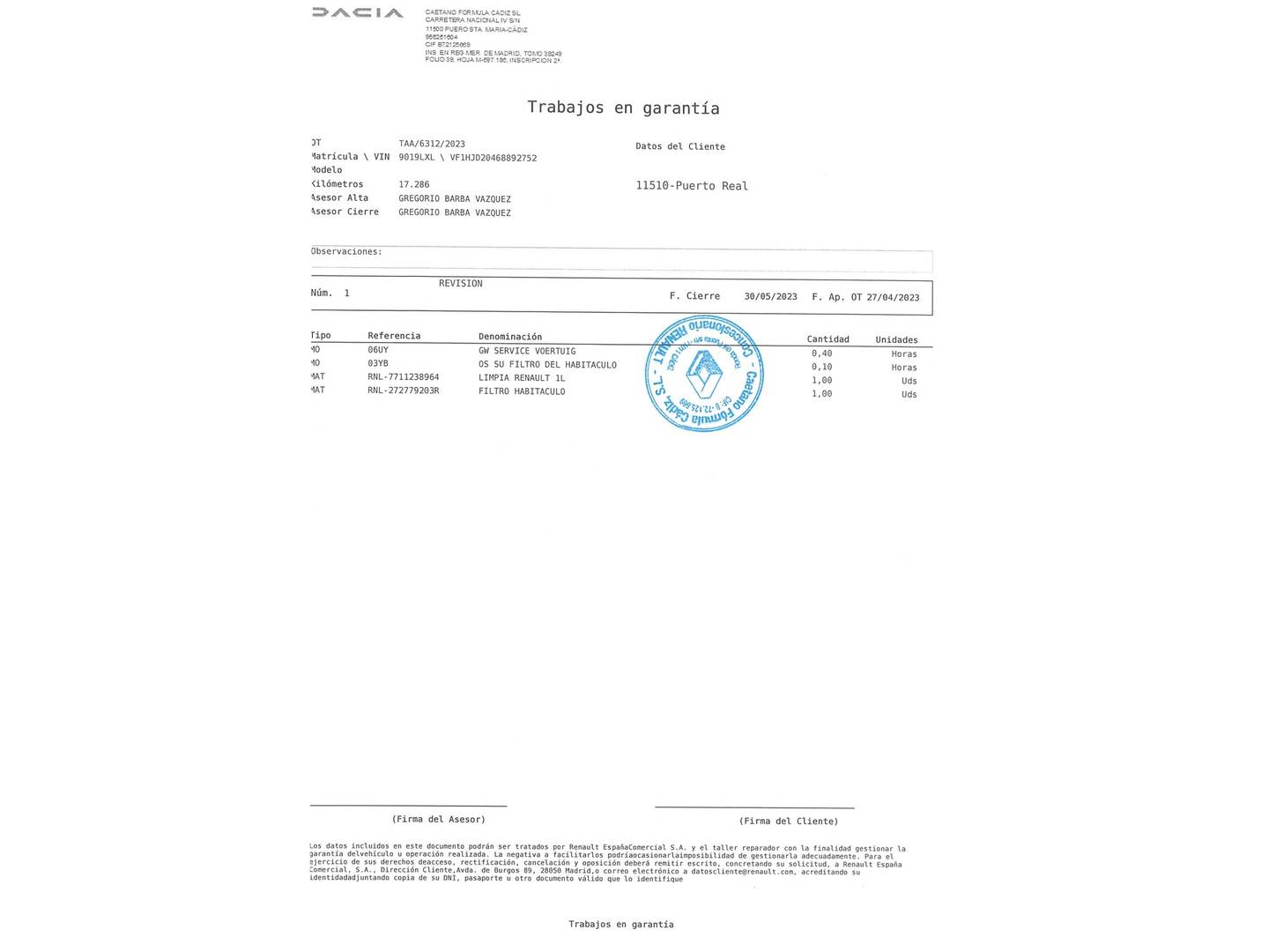 Foto del mantenimiento del Dacia Duster Dacia Duster Prestige Blue dCi (115 CV) 4X2