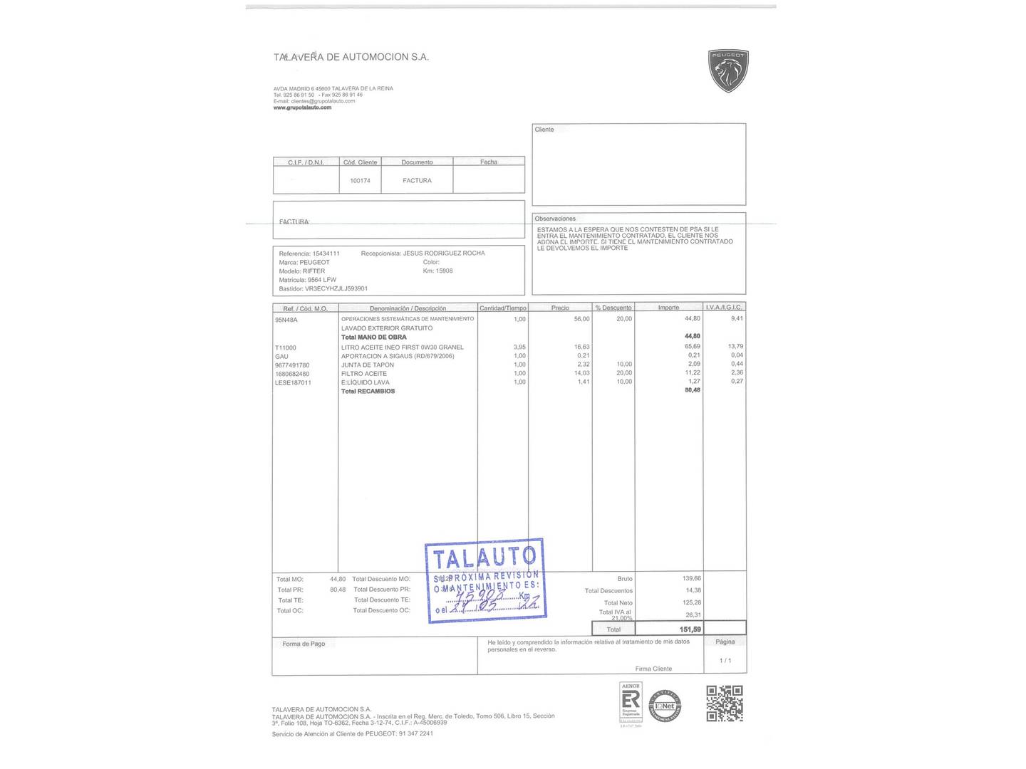 Foto del mantenimiento del Peugeot Rifter Peugeot Rifter BlueHDi 130 GT Standard (130 CV)