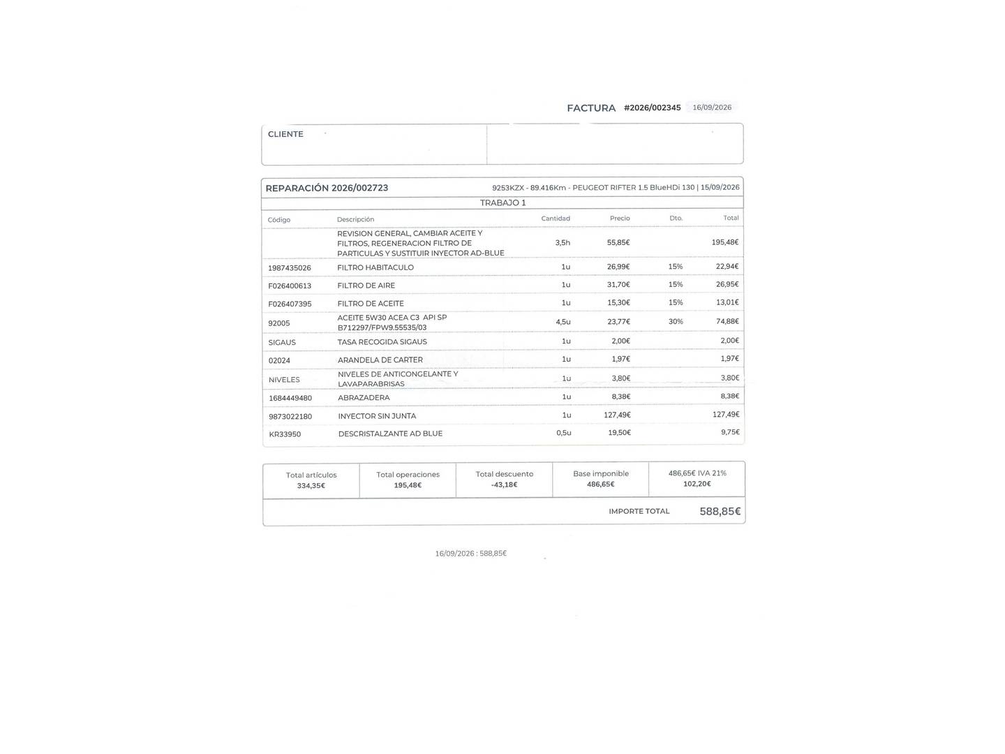 Foto del mantenimiento del Peugeot Rifter Peugeot Rifter BlueHDi 130 S&S Allure Standard (130 CV)
