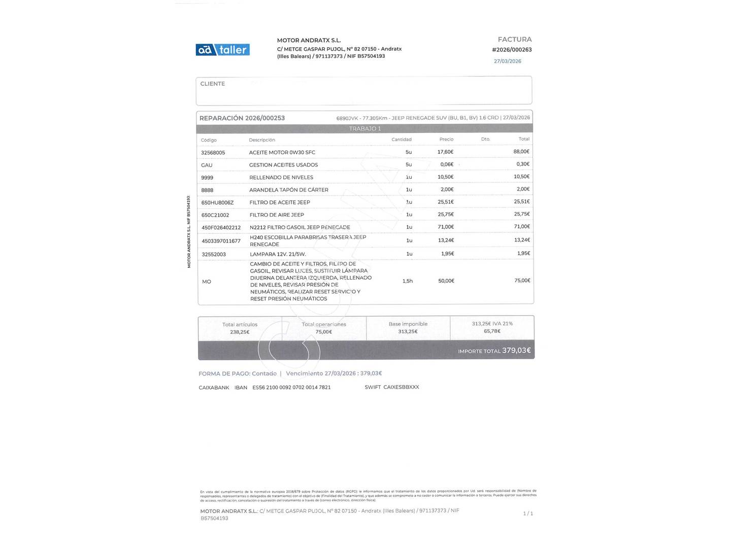Foto del mantenimiento del Jeep Renegade Jeep Renegade 1.6 Multijet Limited 4x2 (120 CV)