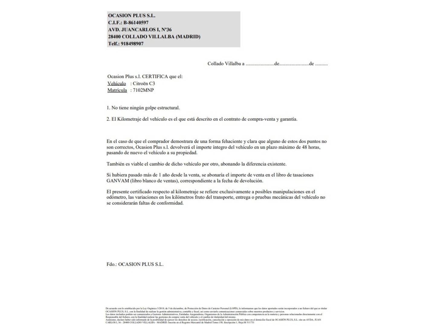 Foto del certificado del Citroën C3 Citroën C3 PureTech 83 Plus (83 CV)