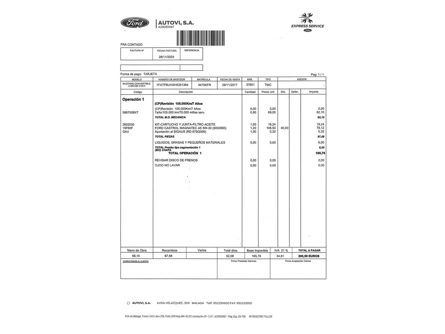 Foto del mantenimiento del Ford Mustang Ford Mustang 2.3 EcoBoost Convertible Mustang Auto (314 CV)