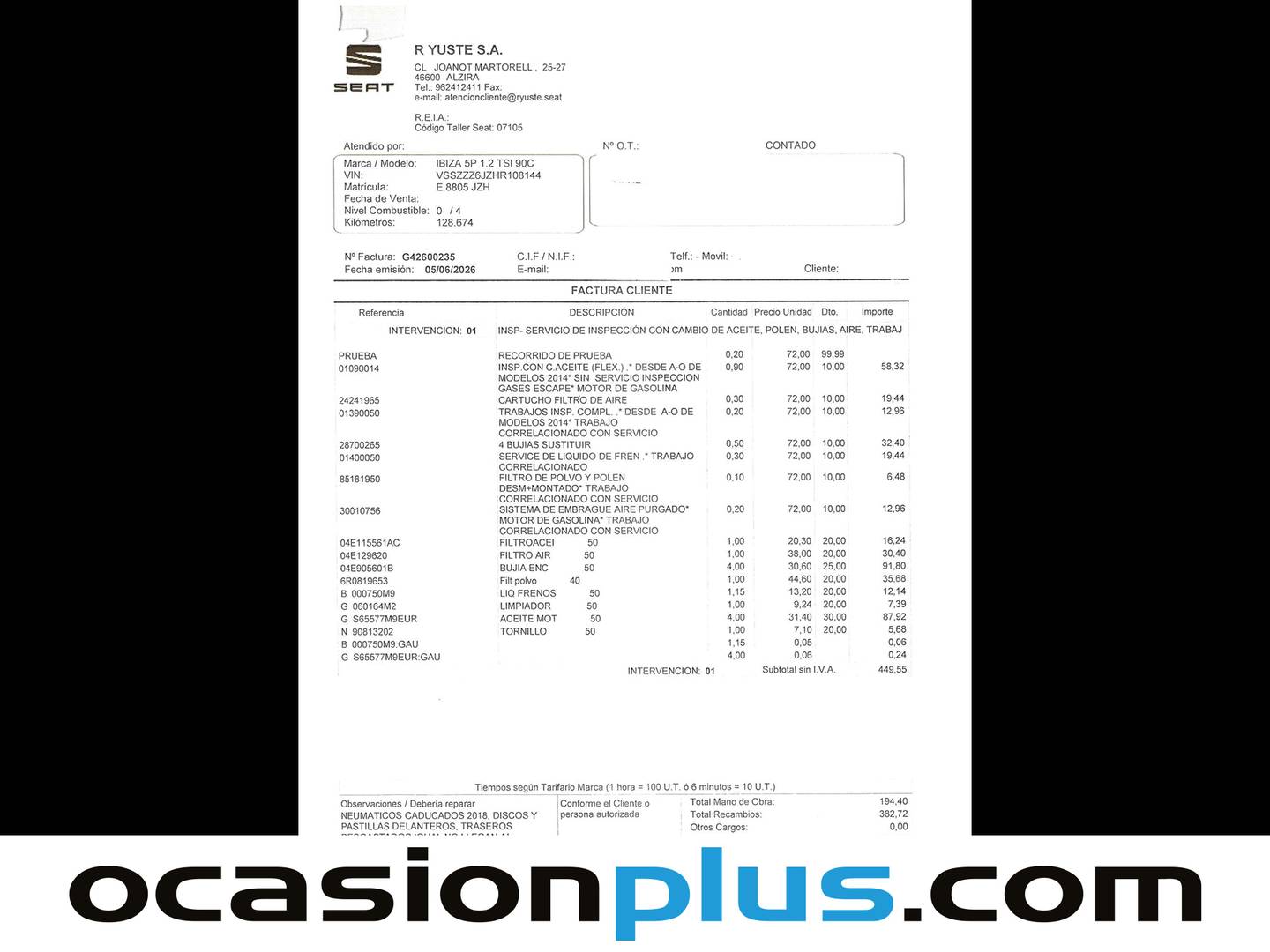 Foto del mantenimiento del Seat Ibiza Seat Ibiza 1.2 TSI Style (90 CV)
