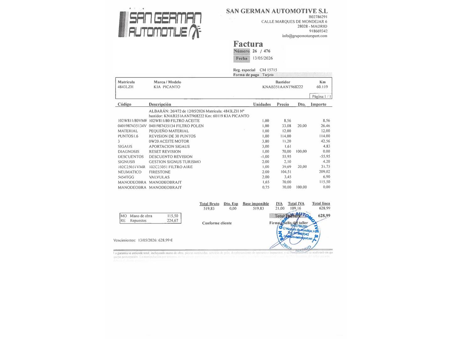 Foto del mantenimiento del KIA Picanto KIA Picanto 1.2 DPi GT Line (84 CV)