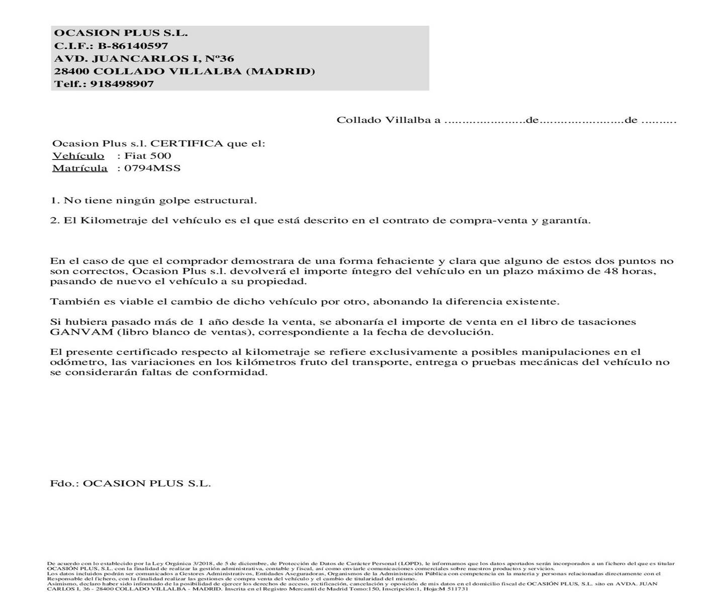 Foto del certificado del Fiat 500 Fiat 500 1.0 Hybrid Dolcevita (70 CV)