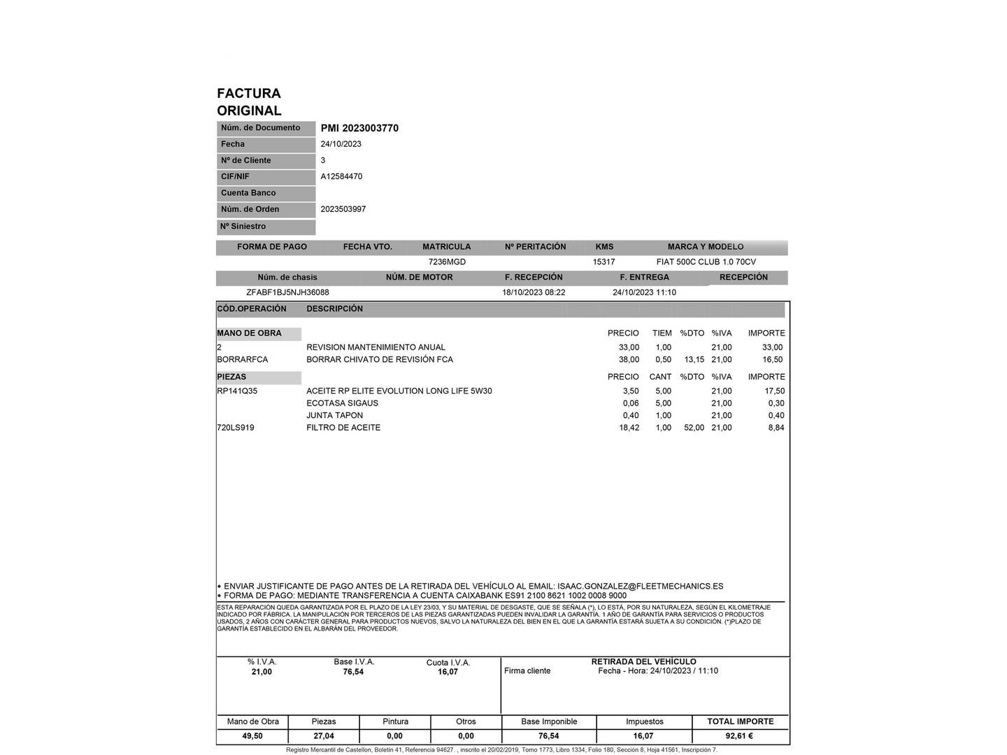 Foto del mantenimiento del Fiat 500C Fiat 500C 1.0 Hybrid Club  (70 CV)