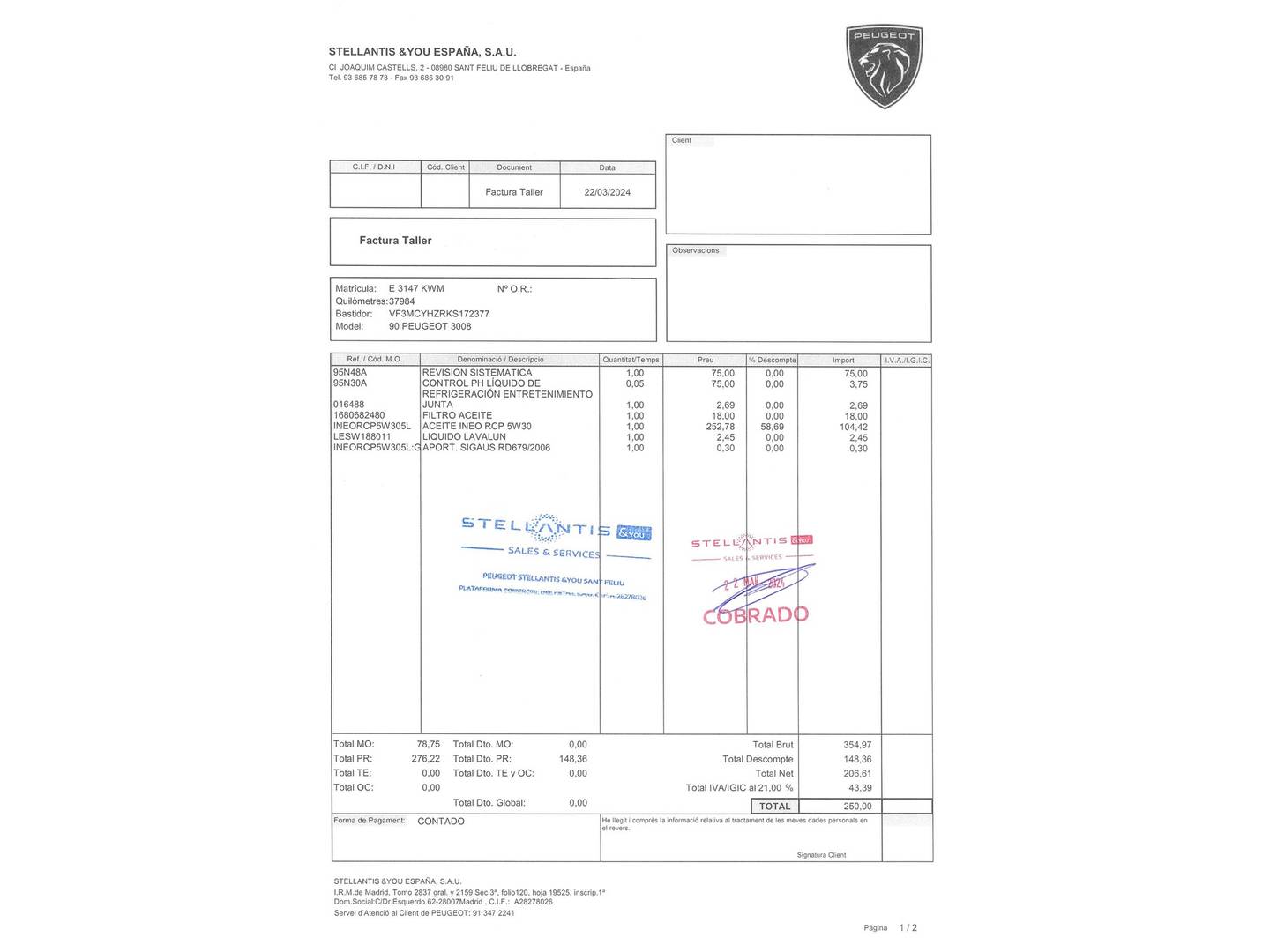 Foto del mantenimiento del Peugeot 3008 Peugeot 3008 BlueHDI 130 S&S GT Line EAT8 (130 CV)