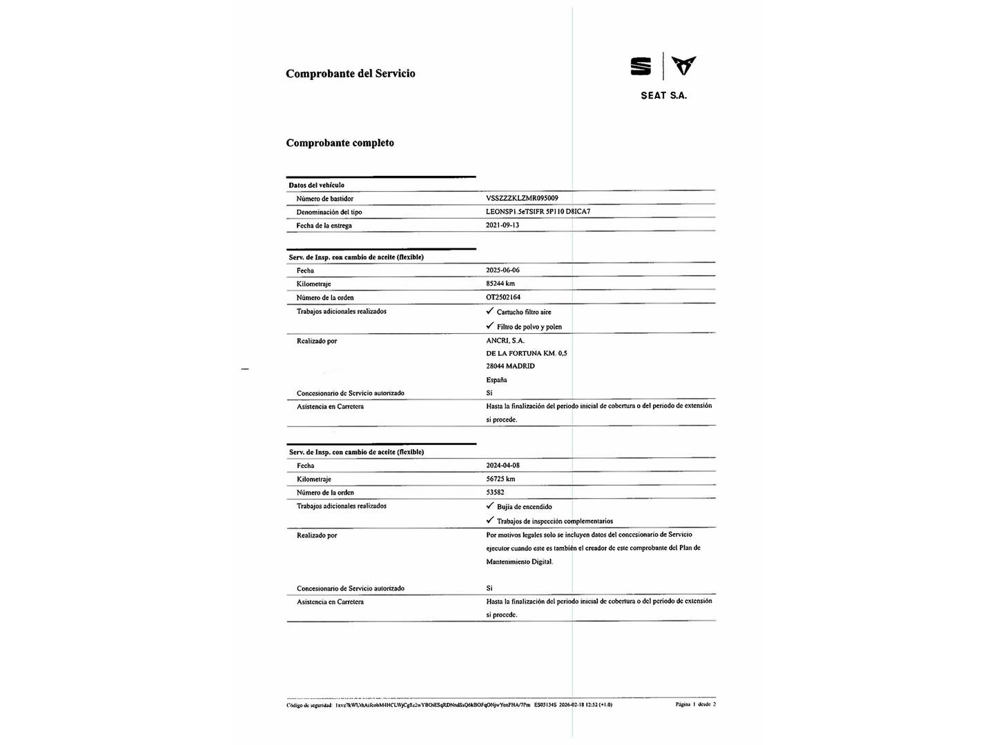Foto del mantenimiento del Seat León SEAT León ST 1.5 eTSI S&S FR Go L DSG (150 CV)