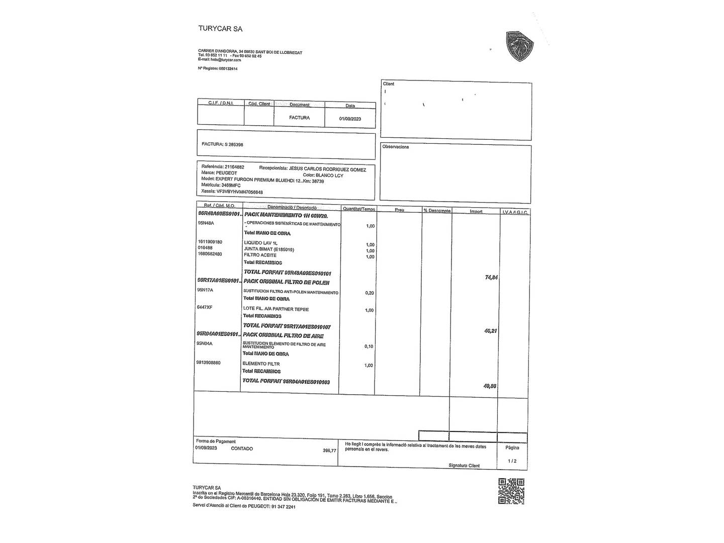 Foto del mantenimiento del Peugeot Expert Peugeot Expert Furgon BlueHDi 120 Premium (120 CV)