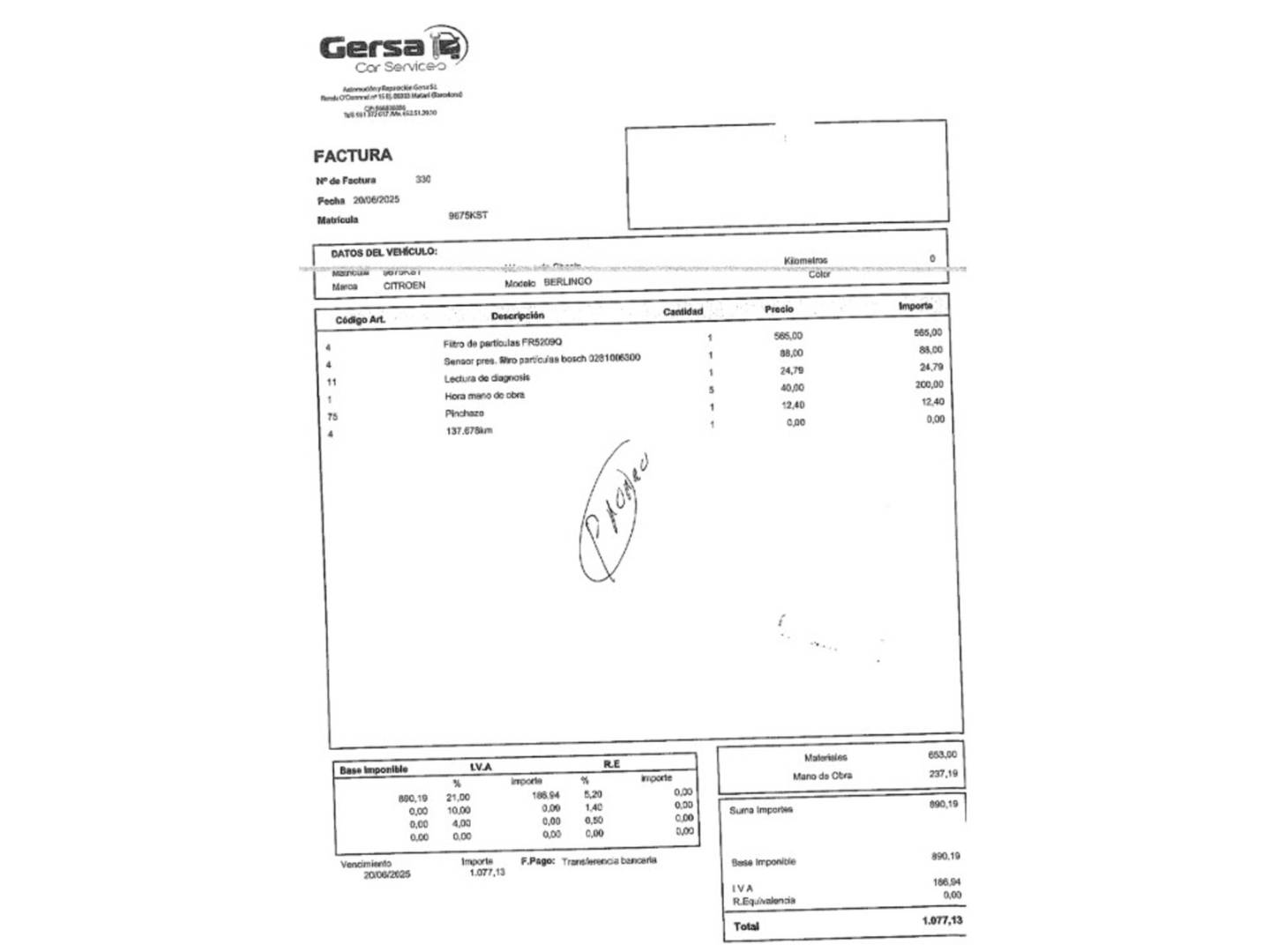 Foto del mantenimiento del Citroën Berlingo Citroen Berlingo Furgon BlueHDi 75 Talla M Control (76 CV)