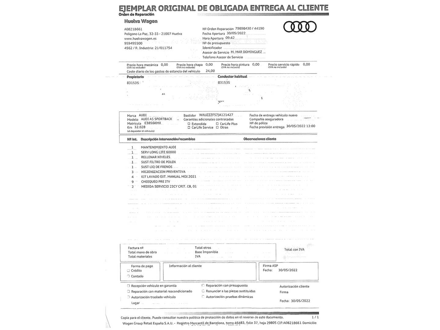 Foto del mantenimiento del Audi A5 Audi A5 Sportback Sport 2.0 TDI  (150 CV) S tronic