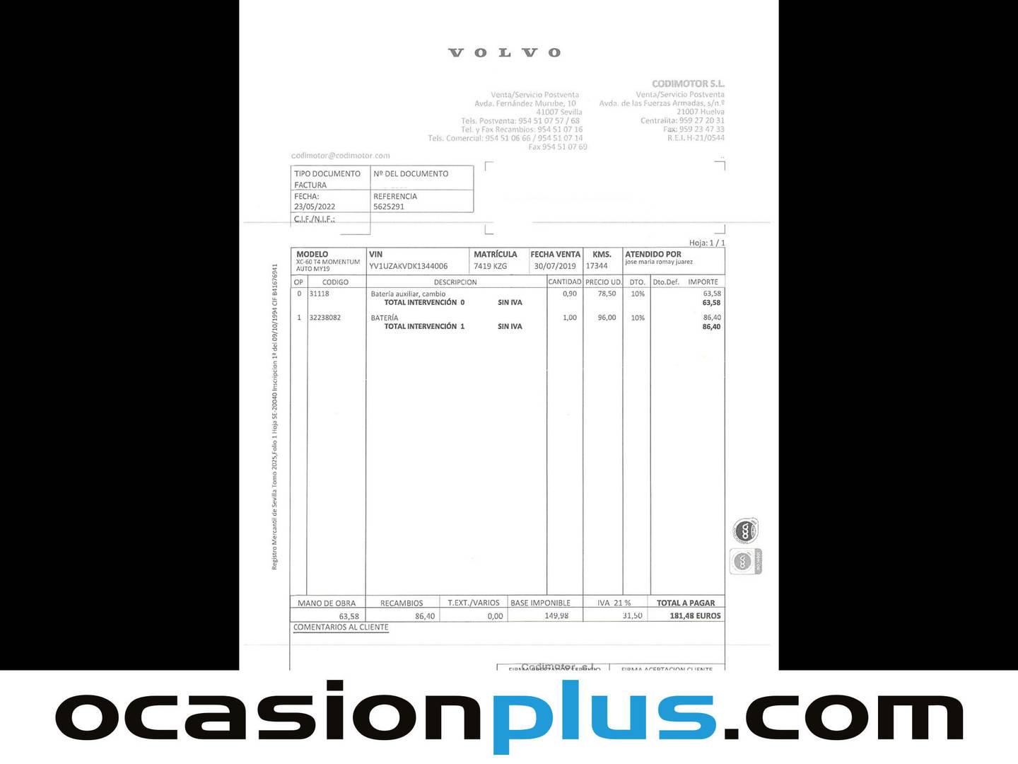 Foto del mantenimiento del Volvo XC60 Volvo XC60 T4 Momentum Auto (190 CV)
