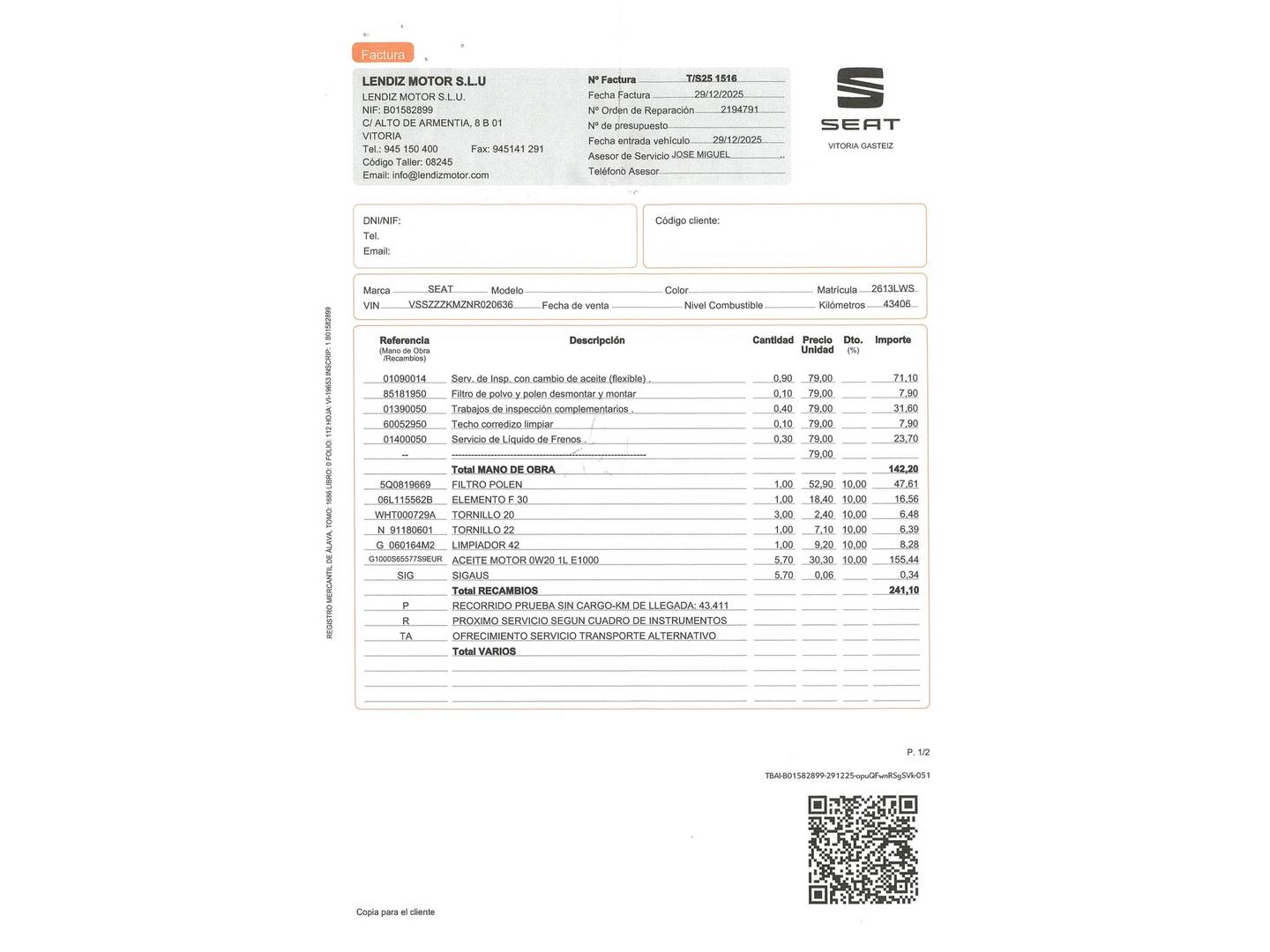 Foto del mantenimiento del Cupra Formentor Cupra Formentor 2.0 TSI 4Drive DSG (190 CV)