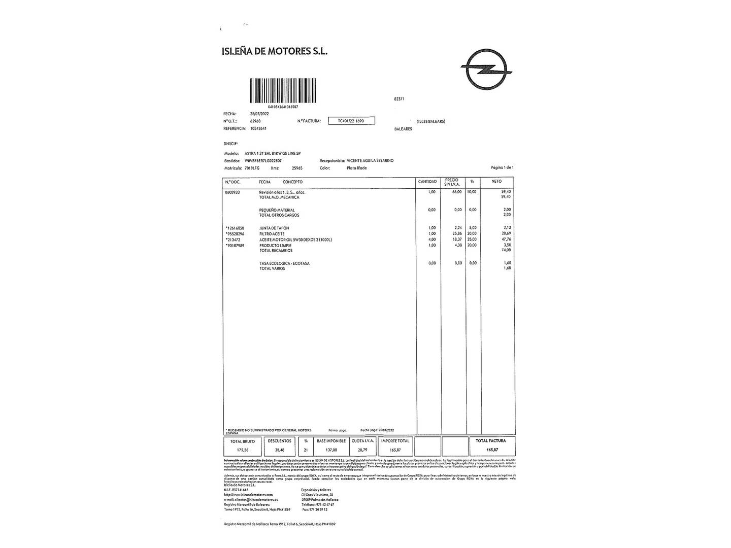 Foto del mantenimiento del Opel Astra Opel Astra 1.2 Turbo SHL GS Line (110 CV)
