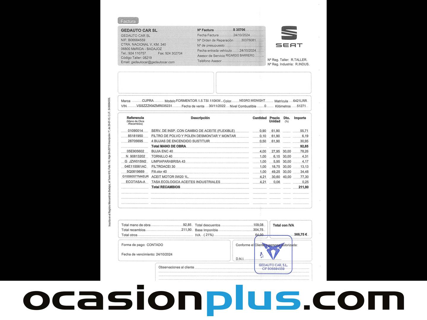 Foto del mantenimiento del Cupra Formentor CUPRA Formentor 1.5 TSI (150 CV)