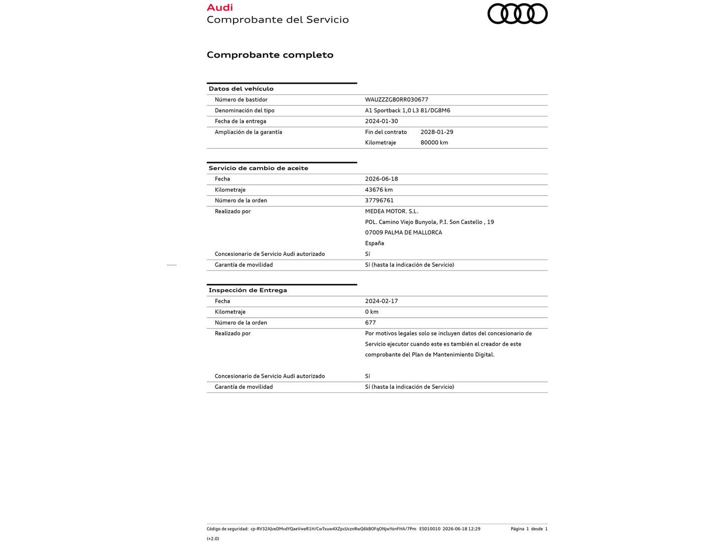 Foto del mantenimiento del Audi A1 Audi A1 Sportback Adrenalin edition 30 TFSI (110 CV) Pack S-Line