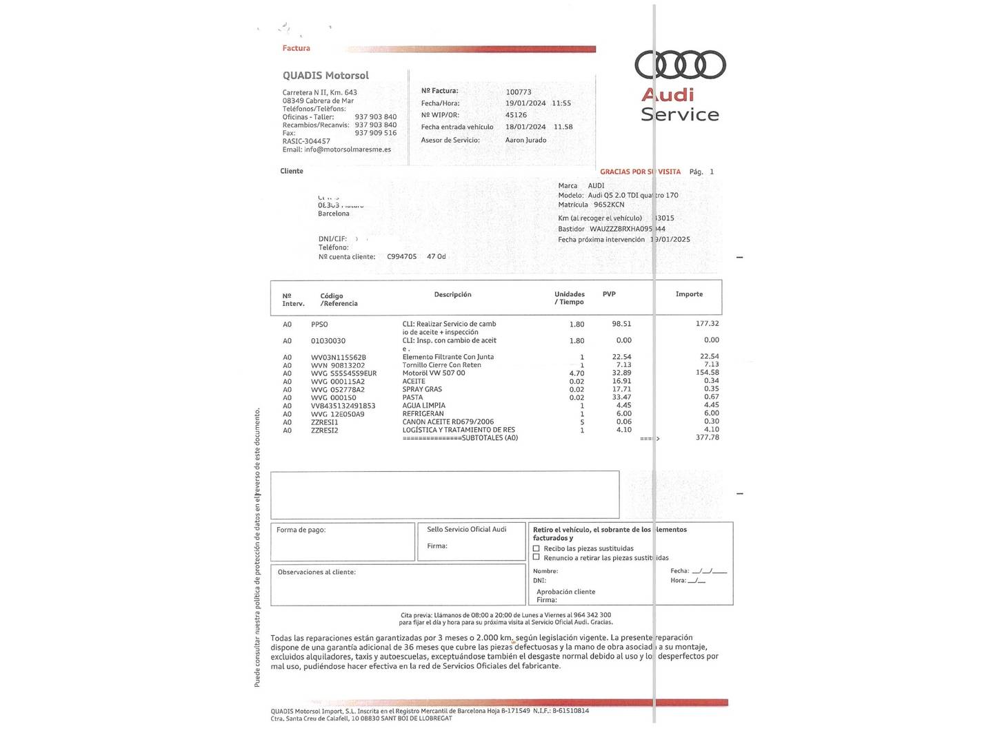 Foto del certificado del Audi Q5 Audi Q5 Advanced edition 2.0 TDI clean diesel quattro (190 CV) S tronic