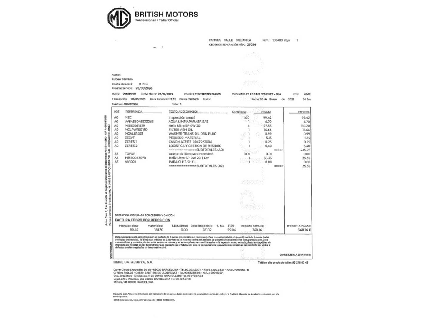 Foto del mantenimiento del MG ZS MG ZS 1.5 Comfort (106 CV)